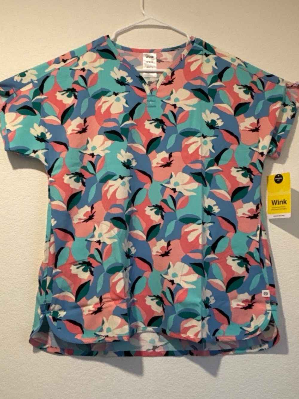 Wink Floral V-Neck Short Sleeve Top in Teal, Pink, Blue & Cream